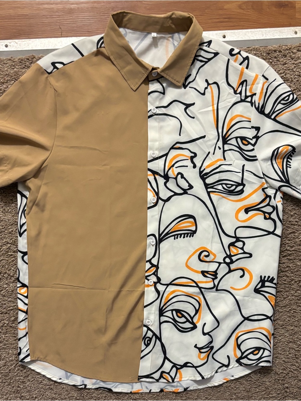 SHEIN Men's XL Two-Tone Abstract Face Print Shirt - Tan & White NWOT